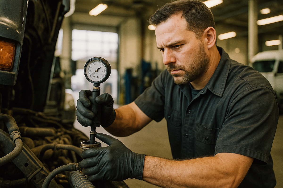 Coppertop Truck Repair Mechanic performing coolant pressure test