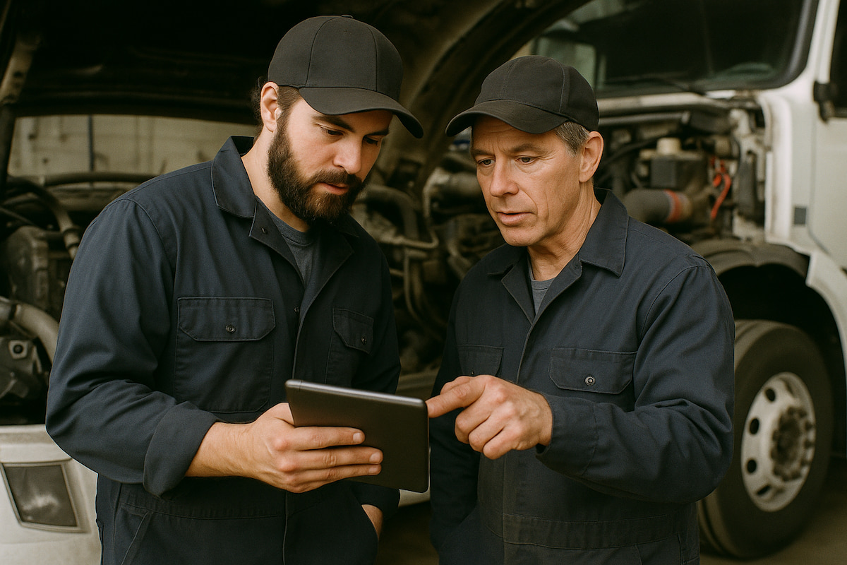 Expert heavy-duty mechanics at Coppertop Truck Repair collaborating on a complex engine issue
