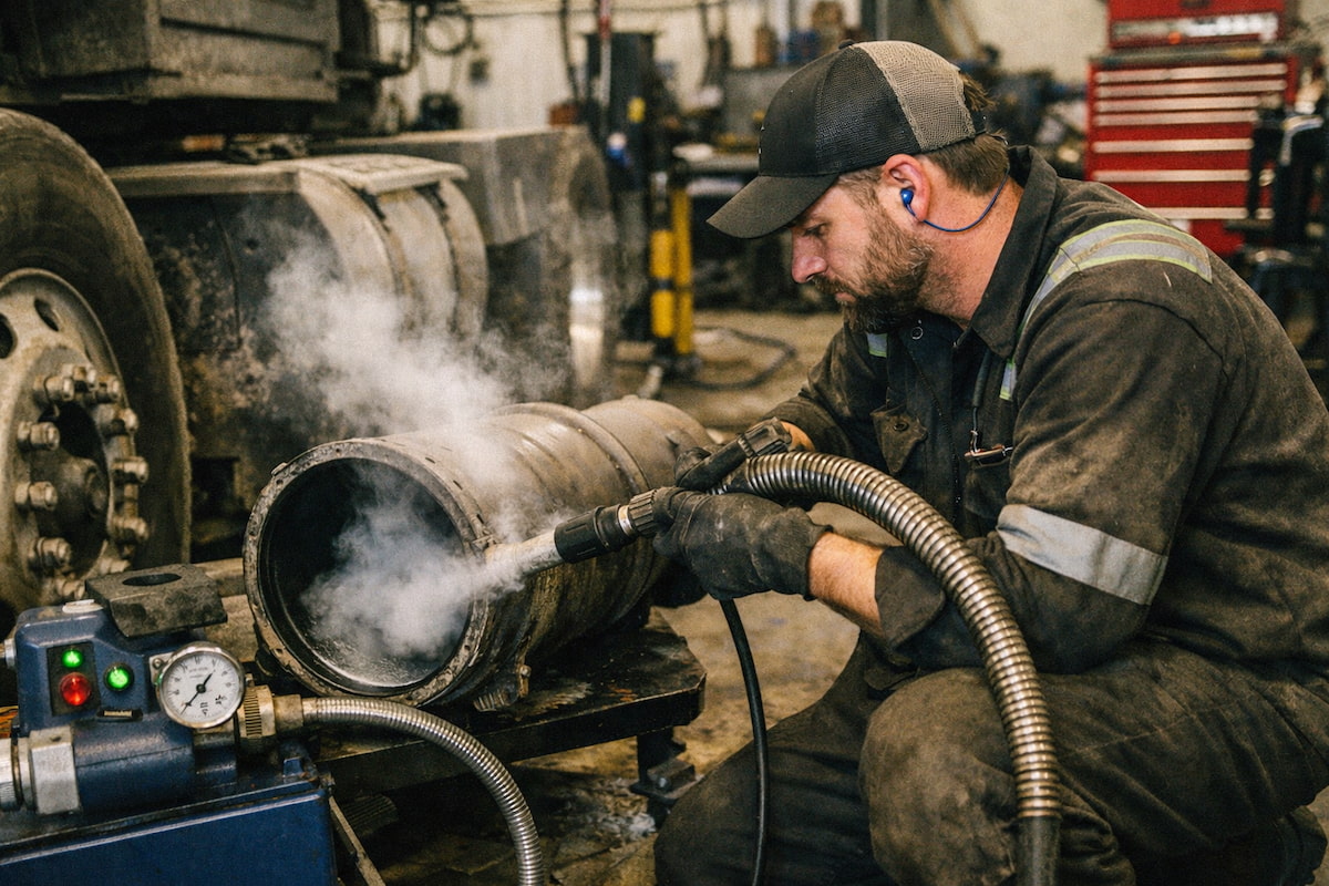 Coppertop diesel technician handling heavy-duty DPF system for cleaning