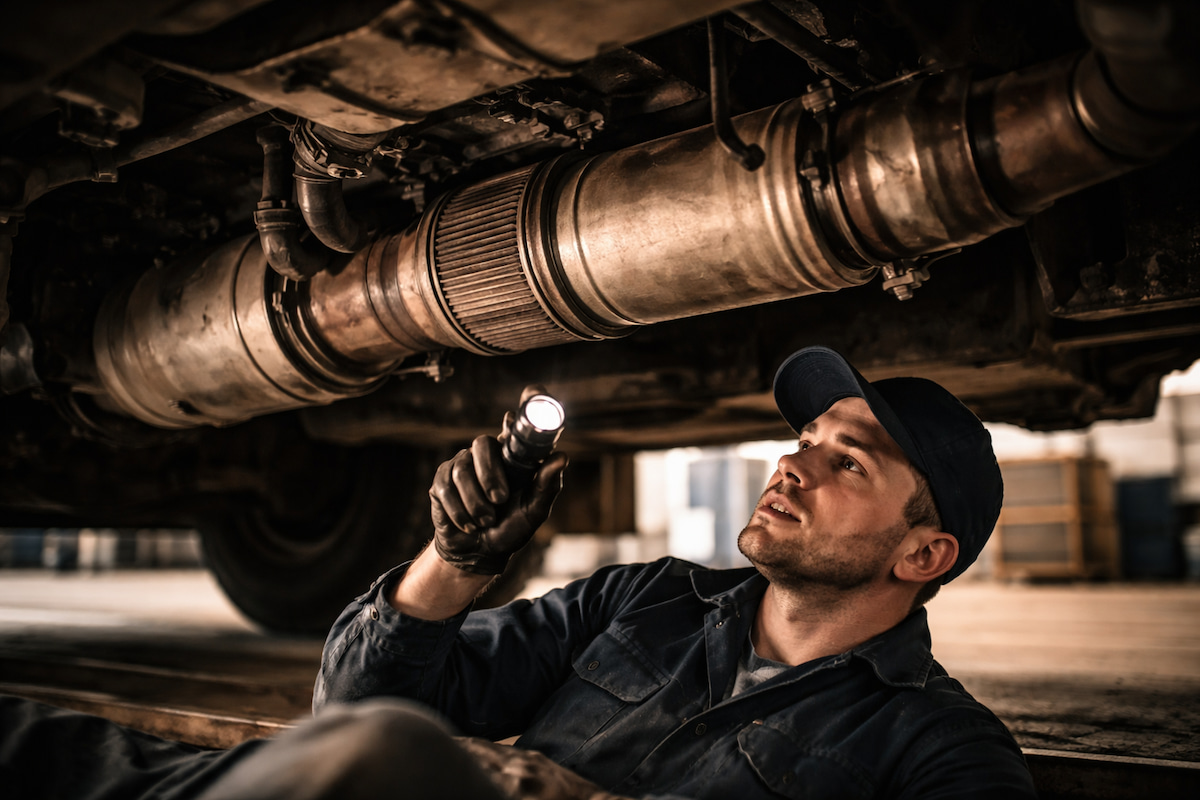 heavy-duty mechanic checking for exhaust damage at Coppertop Truck Repair