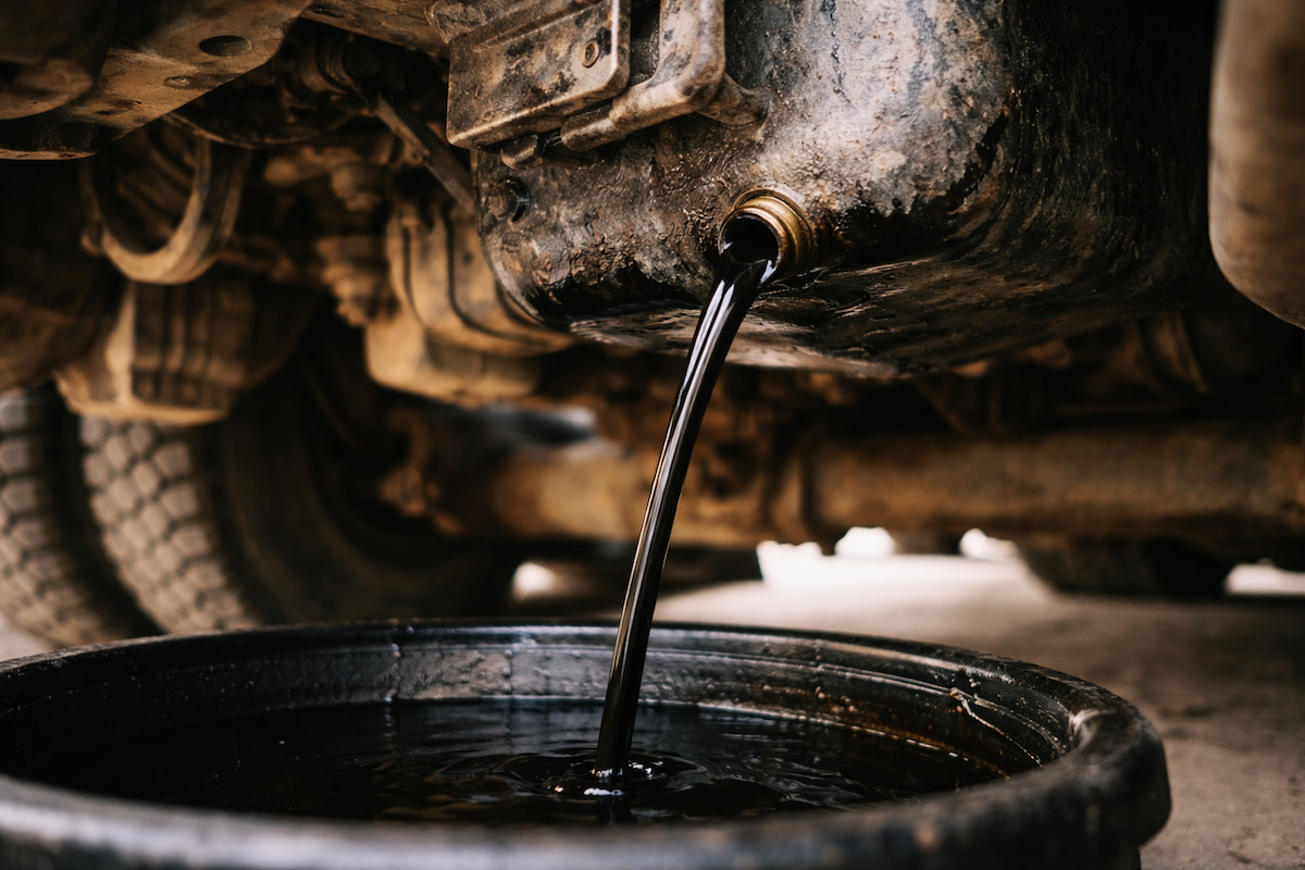 Coppertop technician draining old engine oil from a semi-truck