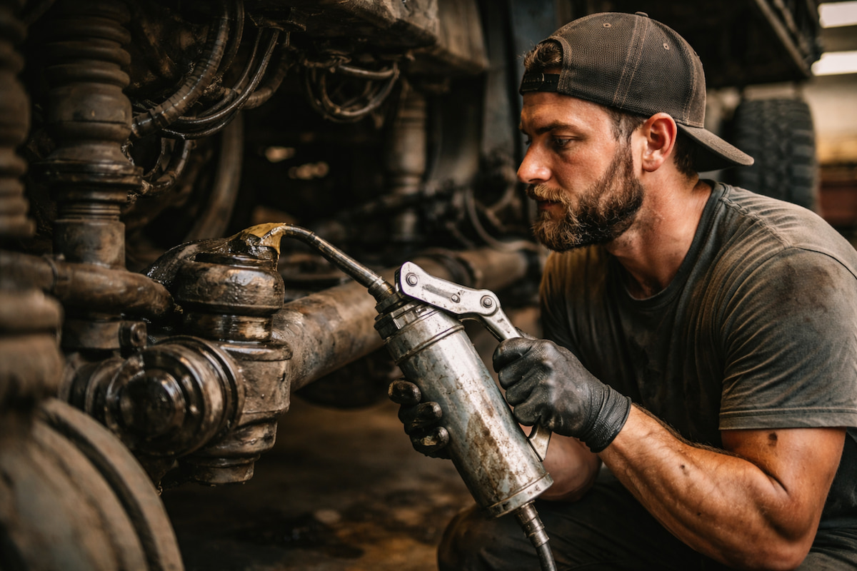 diesel technician at Coppertop Truck Repair greasing suspension system