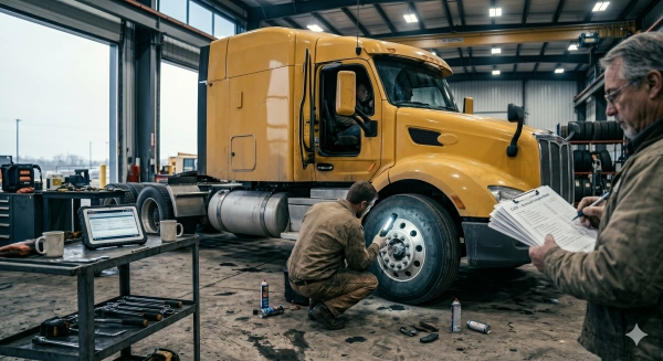 Alberta fleet truck undergoing CVIP inspection failures review inside a commercial repair shop