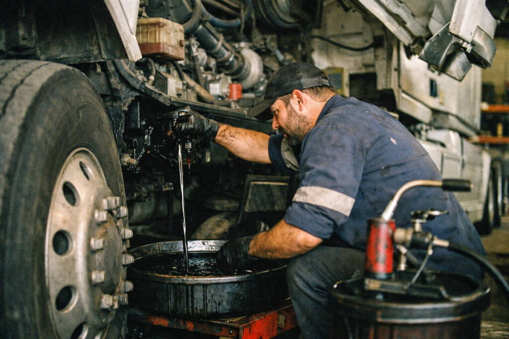 diesel-technician-at-coppertop-truck-repair-greasing-suspension-system