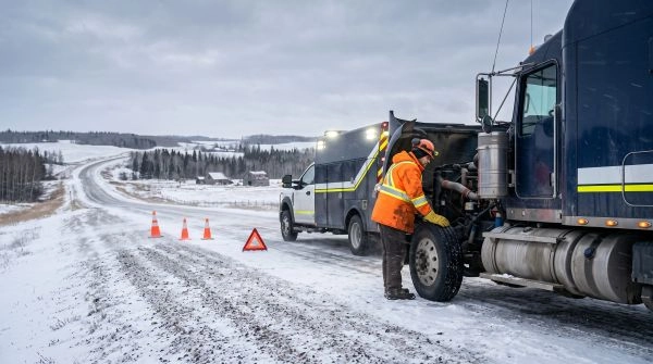 Mobile roadside repair in Northern Alberta for a disabled heavy-duty truck.