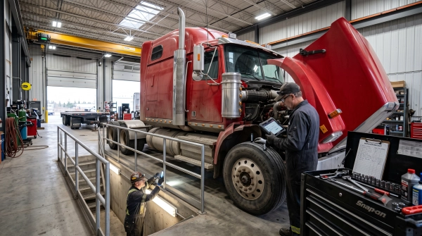 Coppertop Truck Repair in Northern Alberta performing Pre-Purchase Truck Inspections on a used heavy-duty truck.