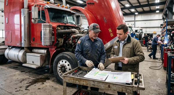Reviewing inspection findings after completing a pre-purchase truck inspection.