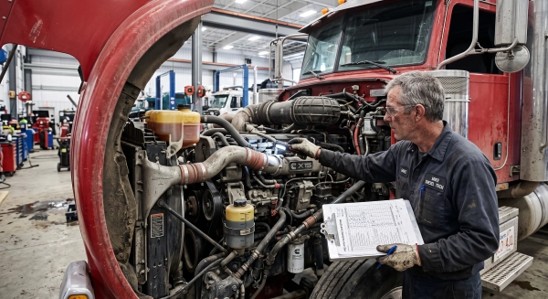 Technician performing Pre-Purchase Truck Inspections by examining a used diesel engine.