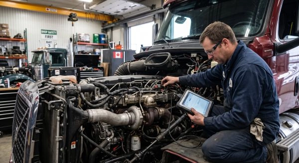 Coppertop Truck Repair Alberta technicians diagnosing Detroit Diesel Problems in a heavy-duty truck