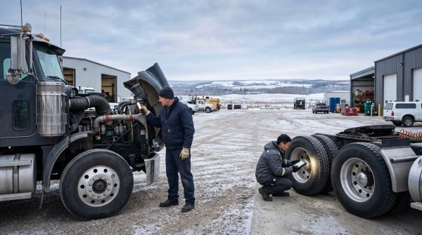 Heavy-duty truck technicians performing roadside repairs at a commercial repair facility