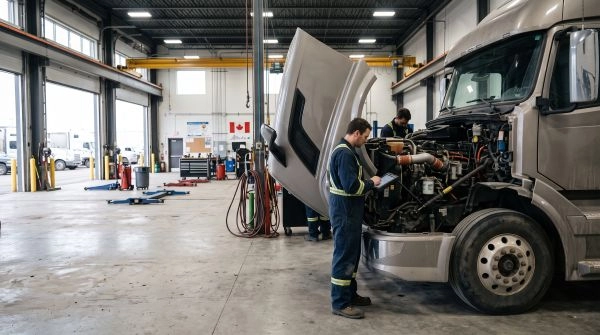 Volvo Truck Repair in Alberta at a heavy-duty truck repair facility